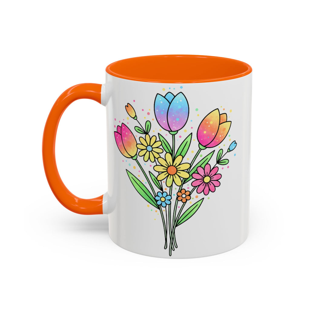 Mug with colorful floral design and orange handle on a white background