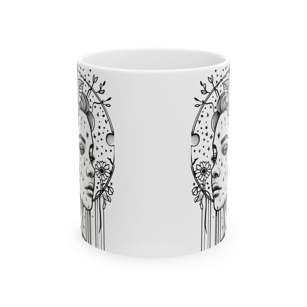 Line Art Floral Woman Ceramic Coffee Mug, (11oz, 15oz)