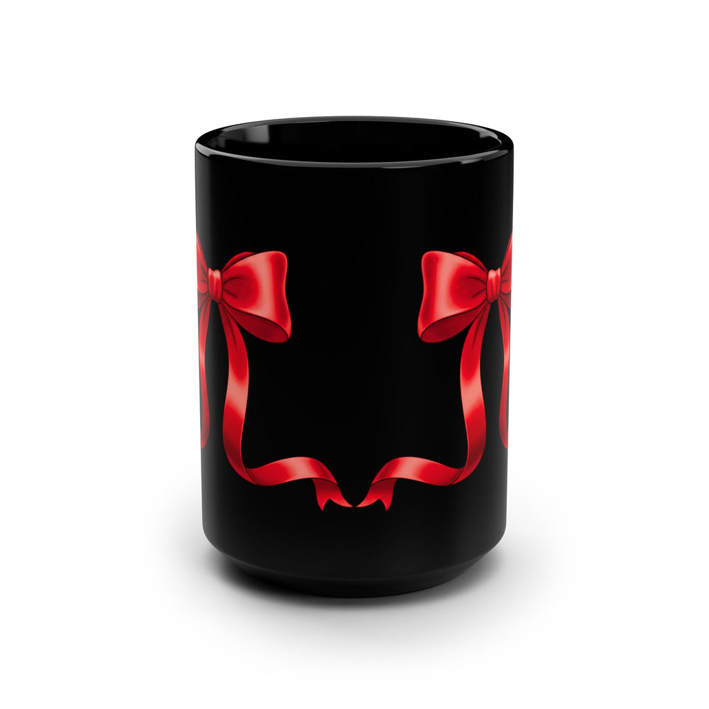 Taza negra de 15 oz con lazo rojo 