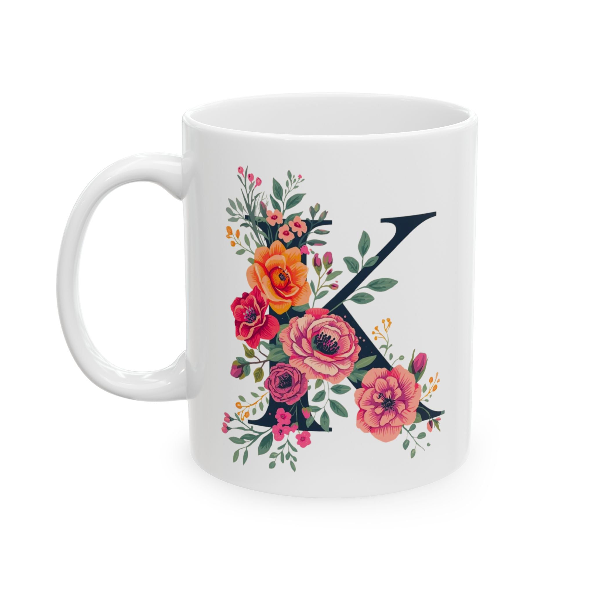 Floral Letter K Ceramic Coffee Mug (11oz, 15oz)