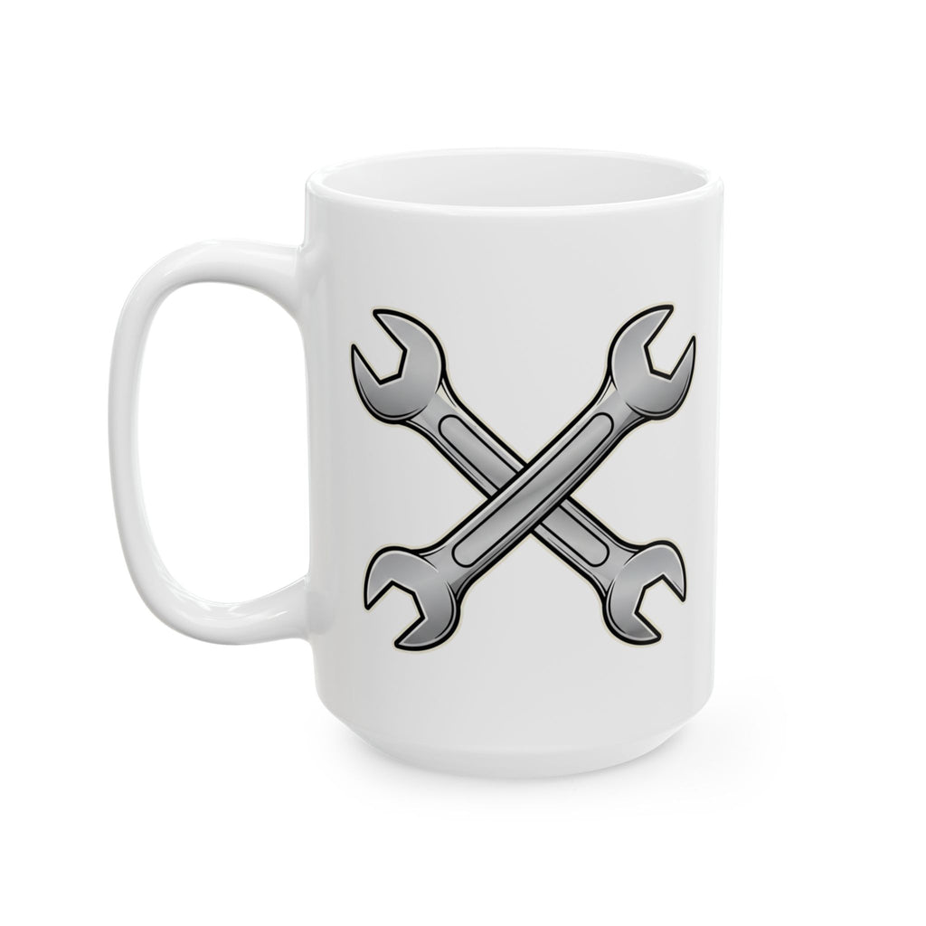 White mug with crossed wrenches design on a white background