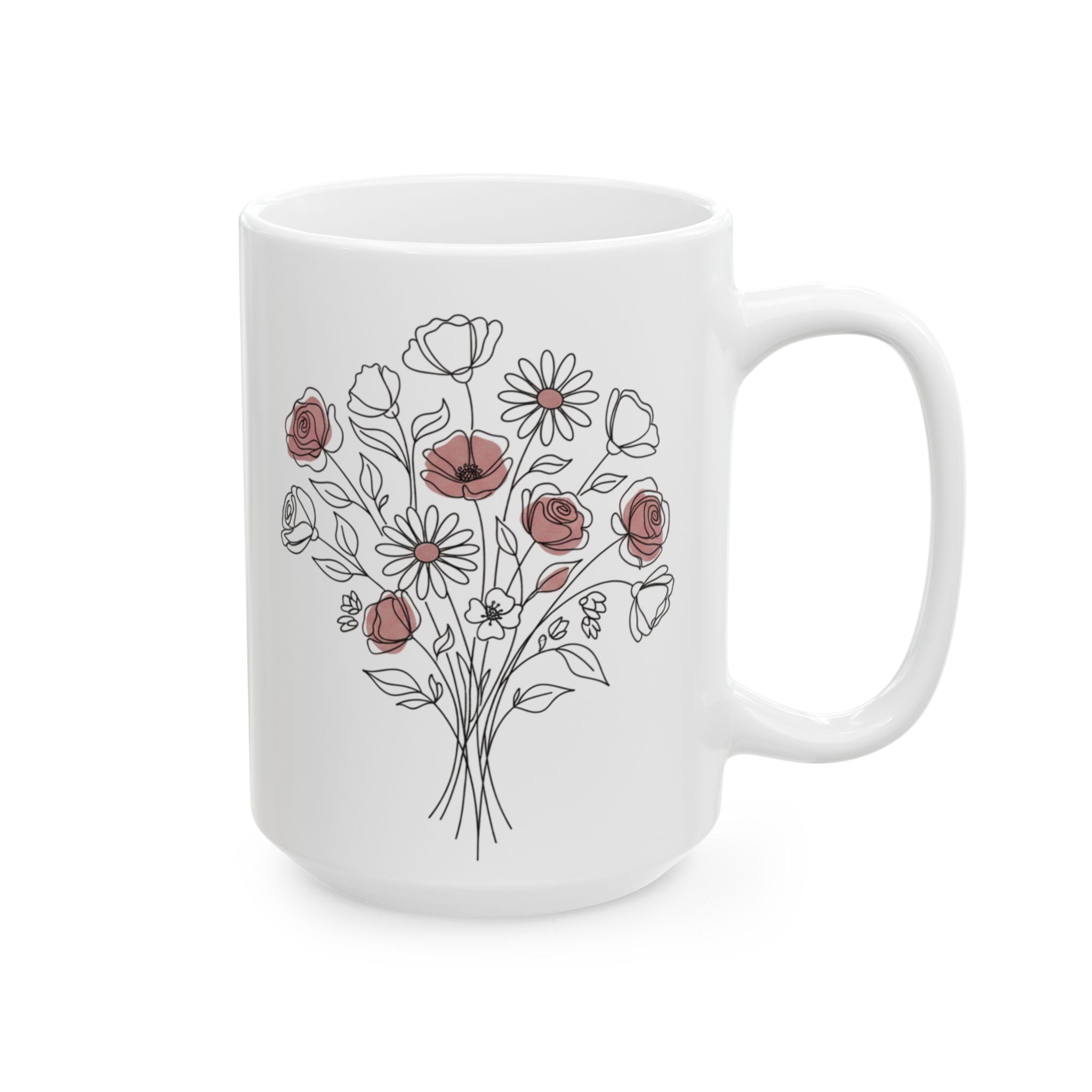 Floral Line Art Ceramic Coffee Mug with a bouquet of roses (11oz & 15oz)