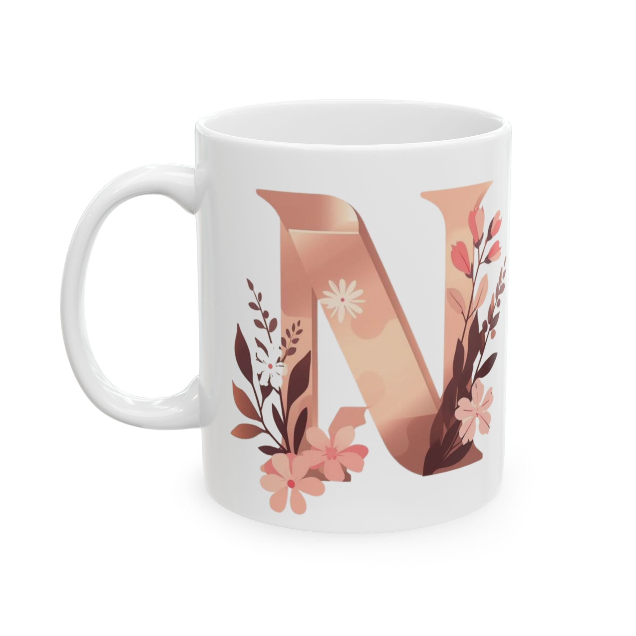 Floral Minimal Letter N Ceramic Coffee Mug (11oz, 15oz)