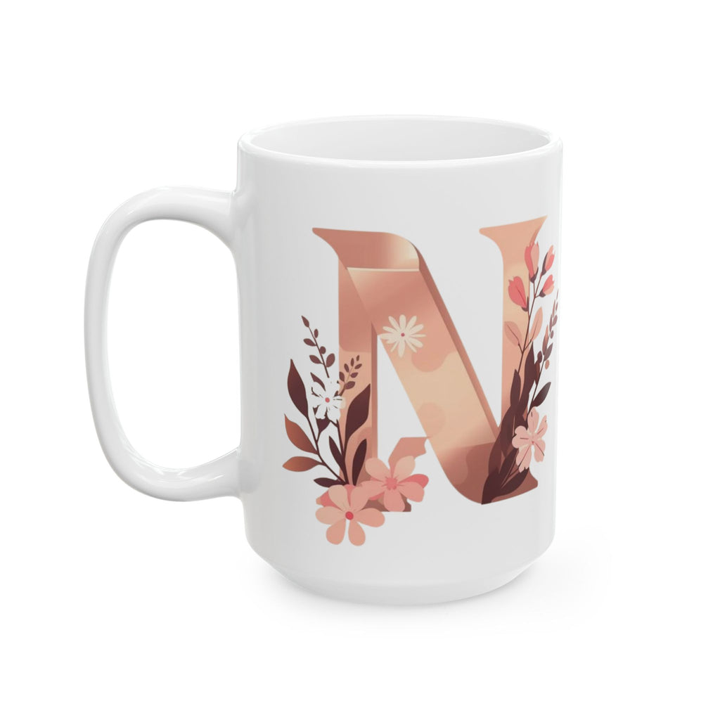 Floral Minimal Letter N Ceramic Coffee Mug (11oz, 15oz)