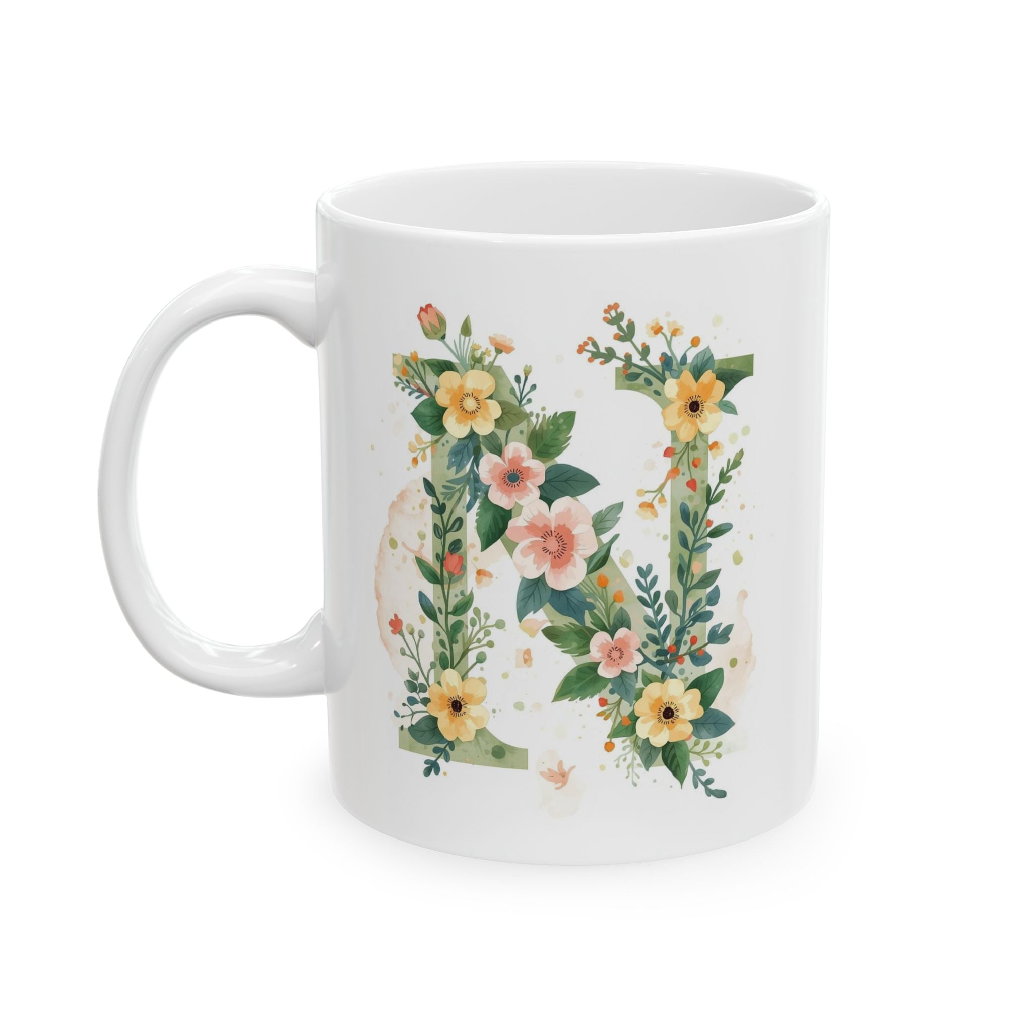 Floral Letter N Ceramic Coffee Mug (11oz, 15oz)