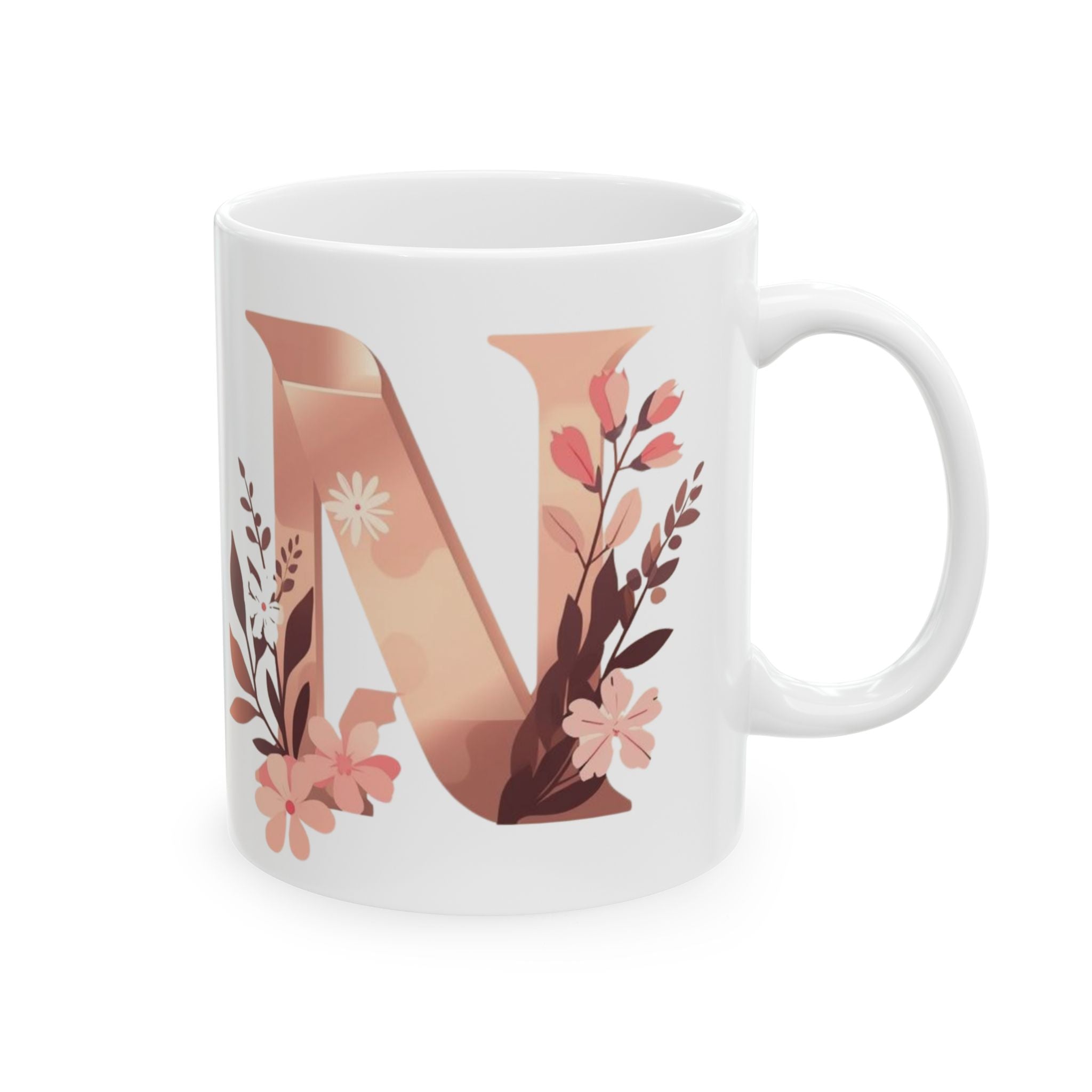 Floral Minimal Letter N Ceramic Coffee Mug (11oz, 15oz)