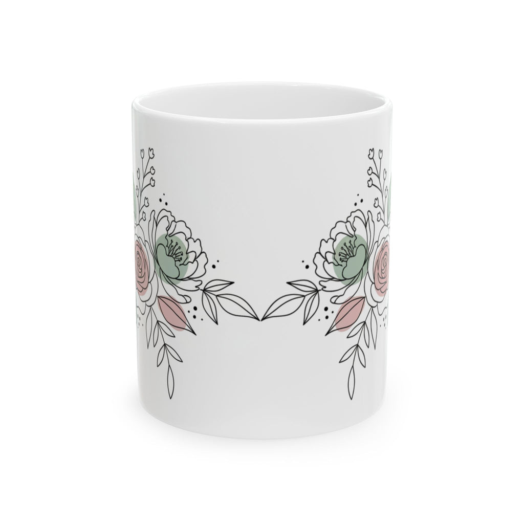 Ceramic Coffee Mug with a Floral design in pastel pink and sage Line Art (11oz / 15oz)