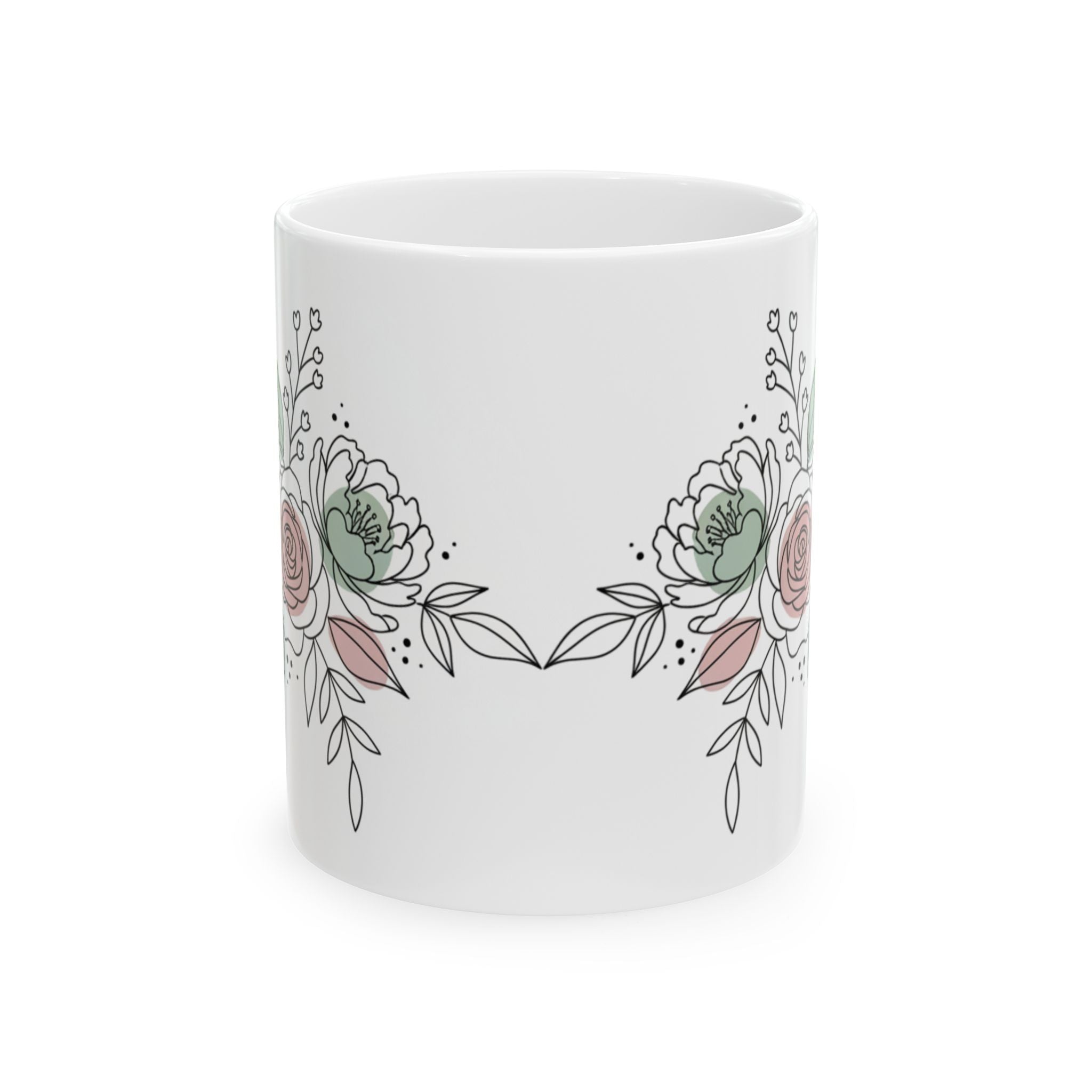 Ceramic Coffee Mug with a Floral design in pastel pink and sage Line Art (11oz / 15oz)