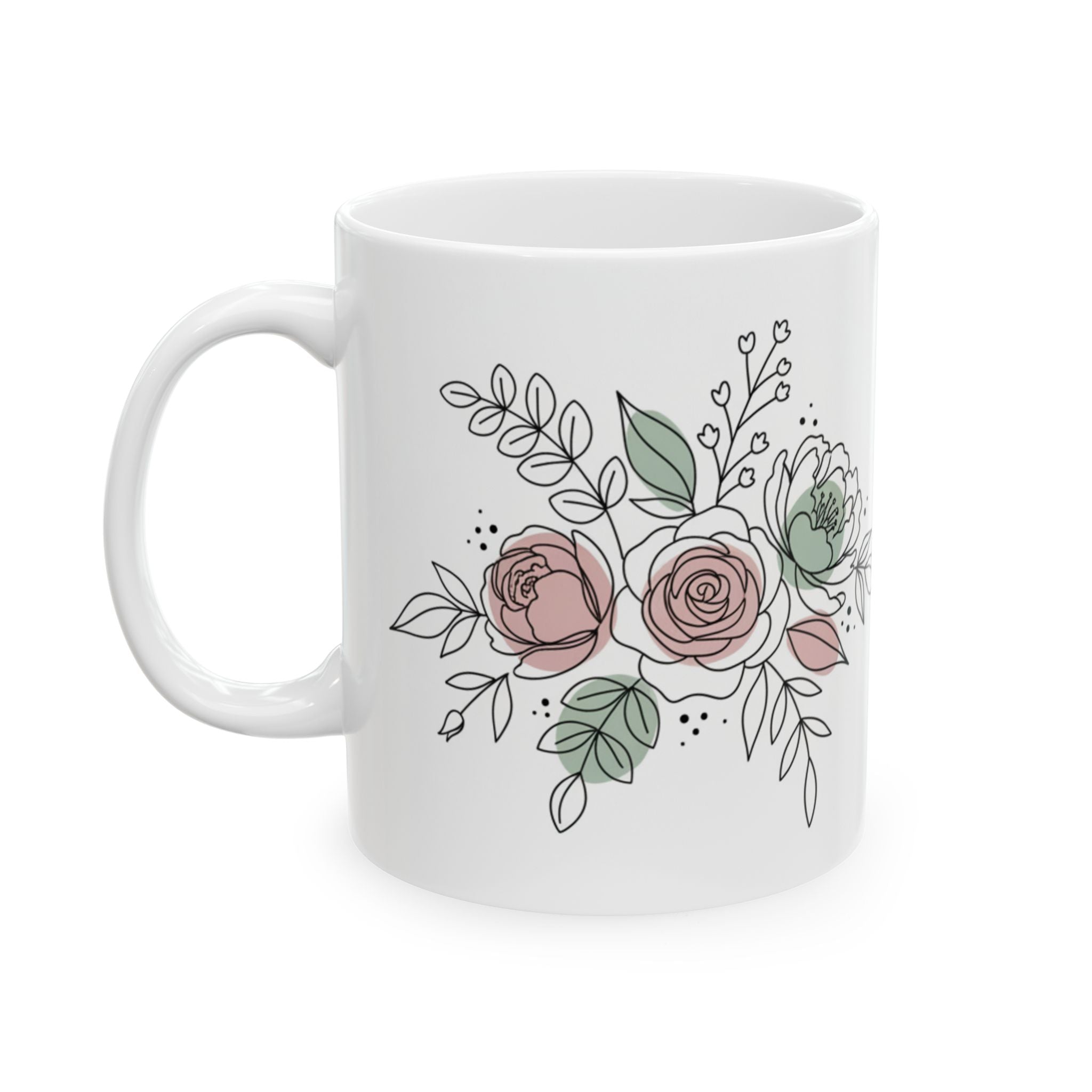 Ceramic Coffee Mug with a Floral design in pastel pink and sage Line Art (11oz / 15oz)