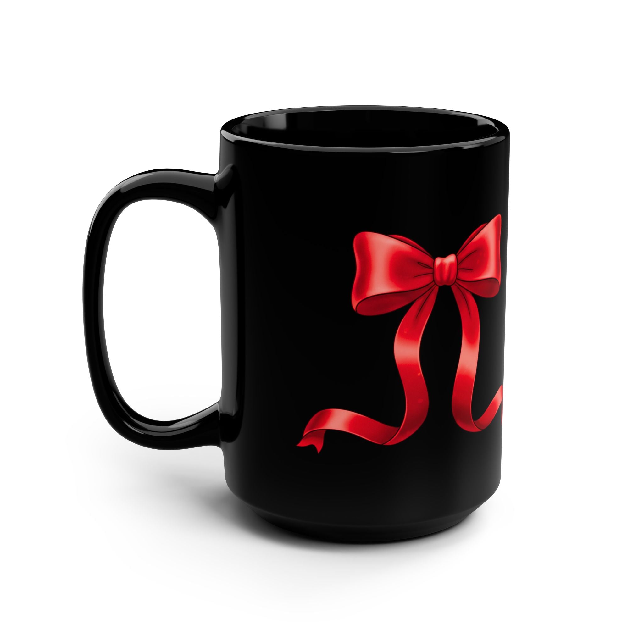 Taza negra de 15 oz con lazo rojo 