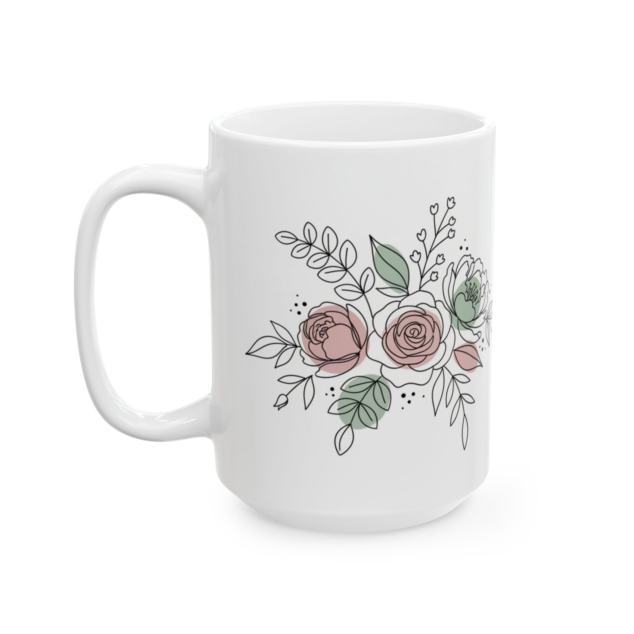 Ceramic Coffee Mug with a Floral design in pastel pink and sage Line Art (11oz / 15oz)