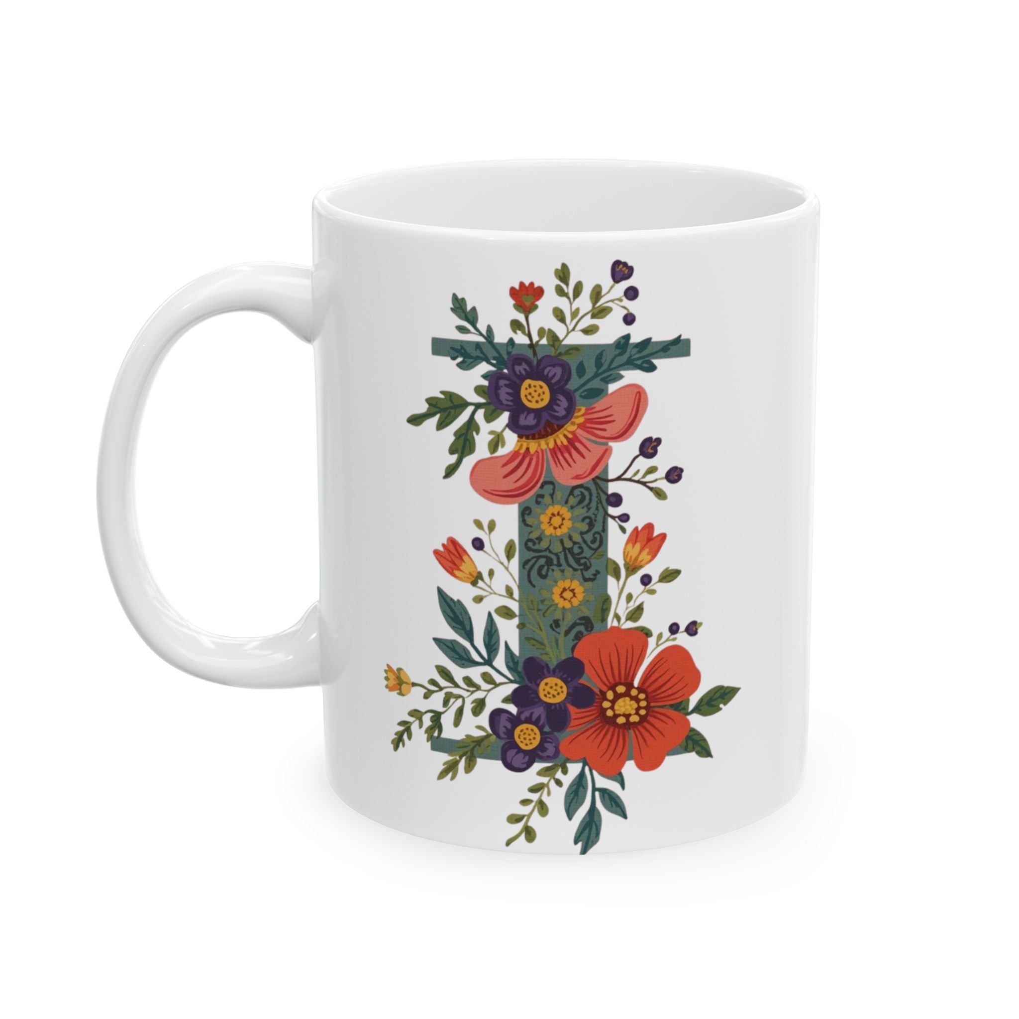 Floral Letter I Ceramic Coffee Mug  (11oz & 15oz)