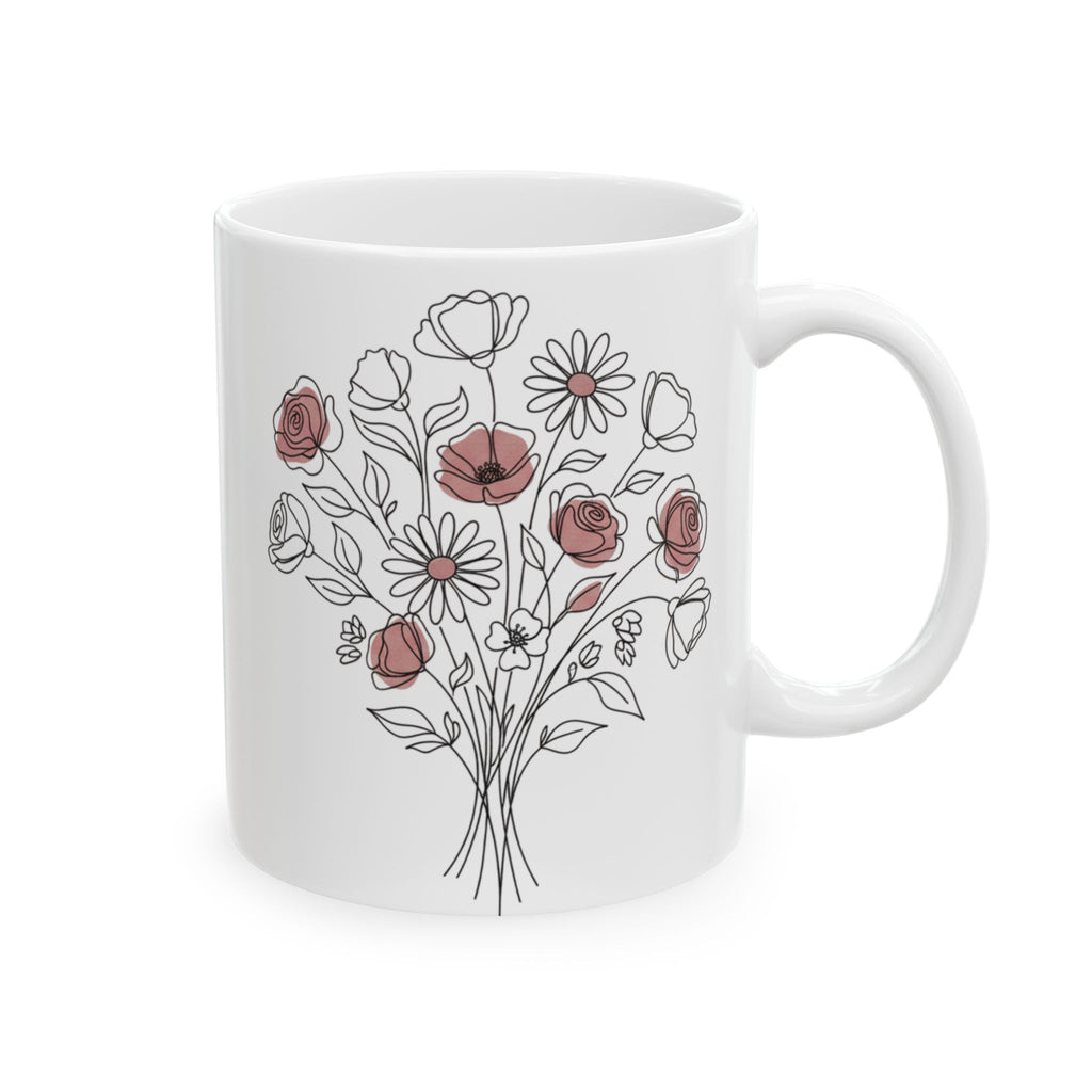 Floral Line Art Ceramic Coffee Mug with a bouquet of roses (11oz & 15oz)