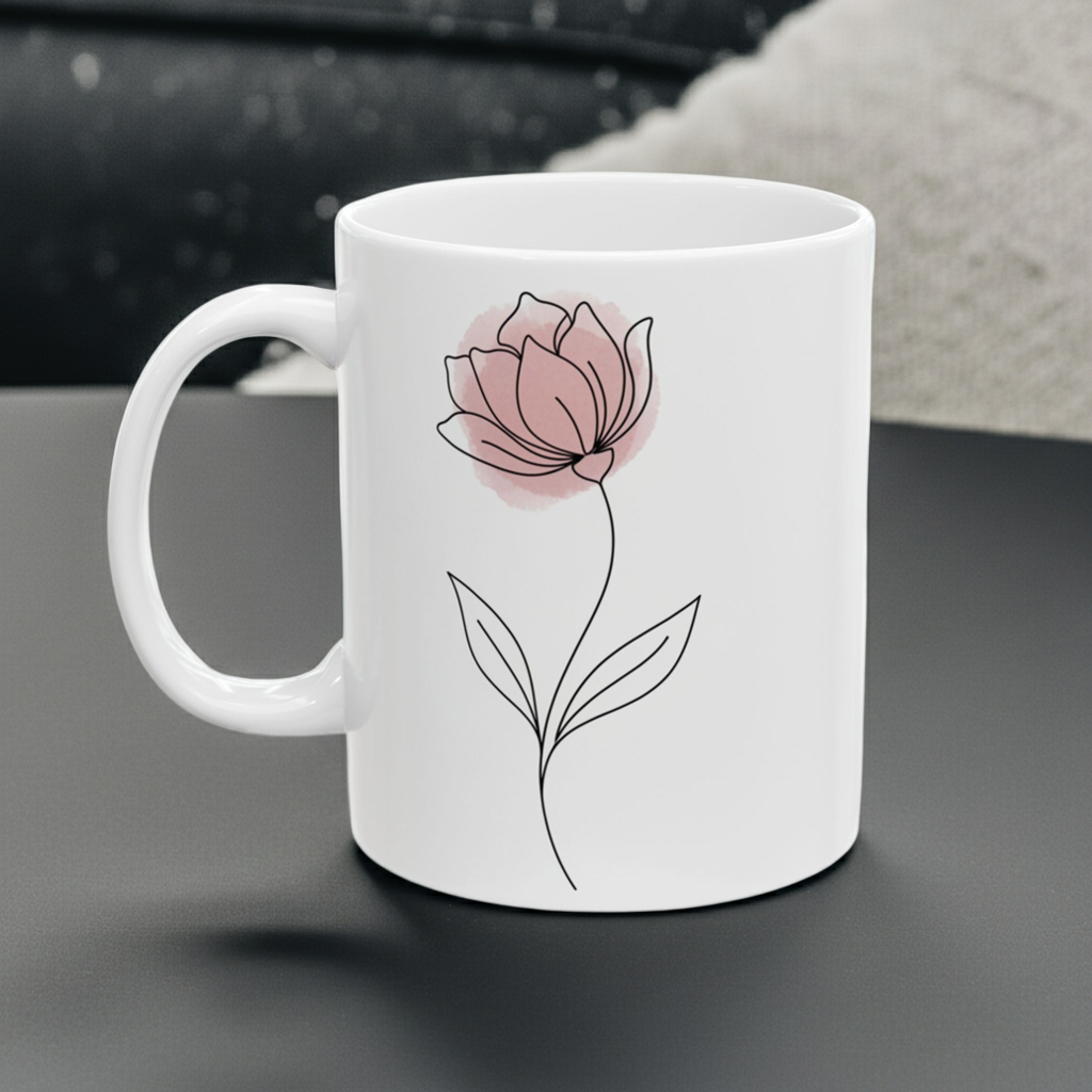 Minimal Line Art Pink Floral Ceramic Coffee Mug (11oz & 15oz)