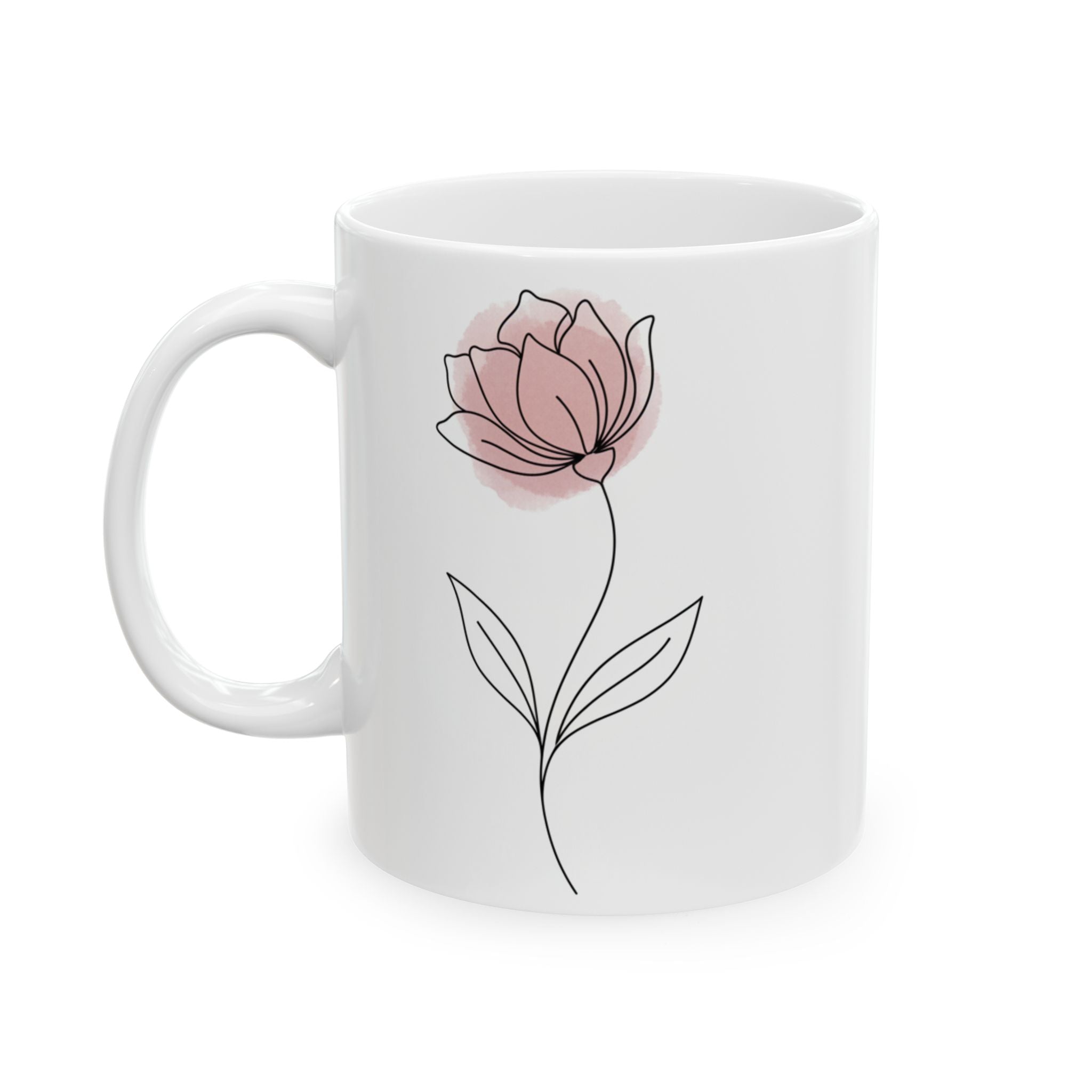Minimal Line Art Pink Floral Ceramic Coffee Mug (11oz & 15oz)