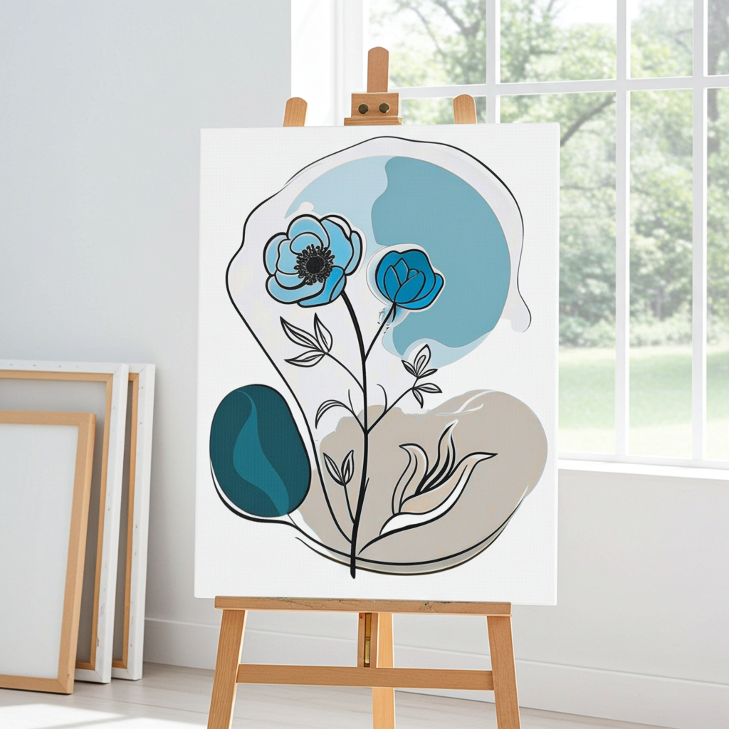 Artistic depiction of blue flowers on a white background displayed on an easel.