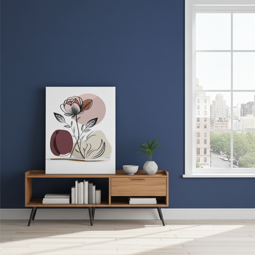Modern living room with a wooden console table against a blue wall, featuring a painting and decor items.
