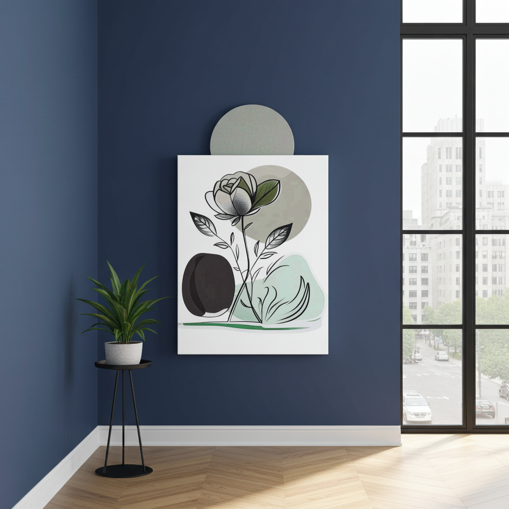 Artistic depiction of a rose on a wall in a room with a window and plant.