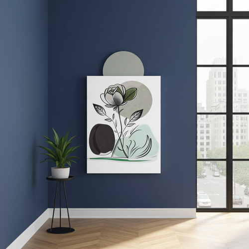 Artistic depiction of a rose on a wall in a room with a window and plant.