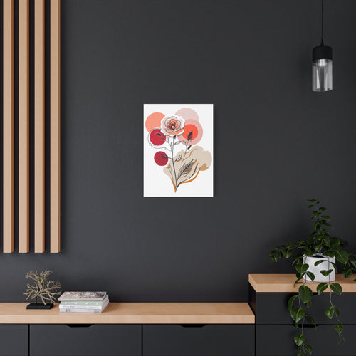 Framed floral artwork on a dark wall with a wooden shelf and plant.