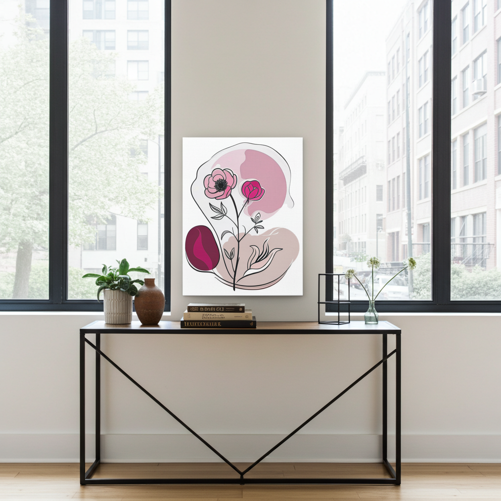 Modern interior with a black console table, pink floral artwork, and cityscape view.