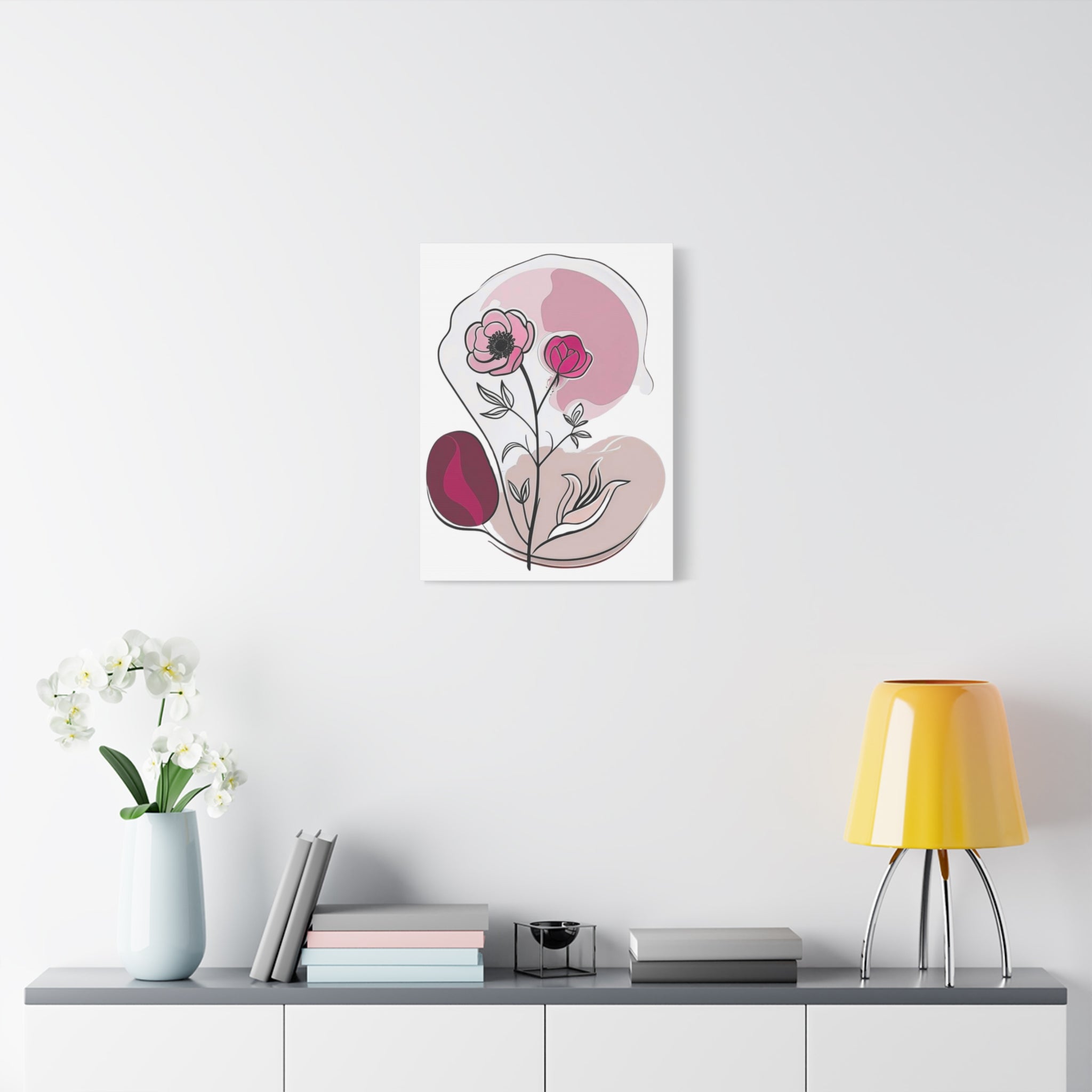 Floral artwork on a wall above a shelf with decor items.