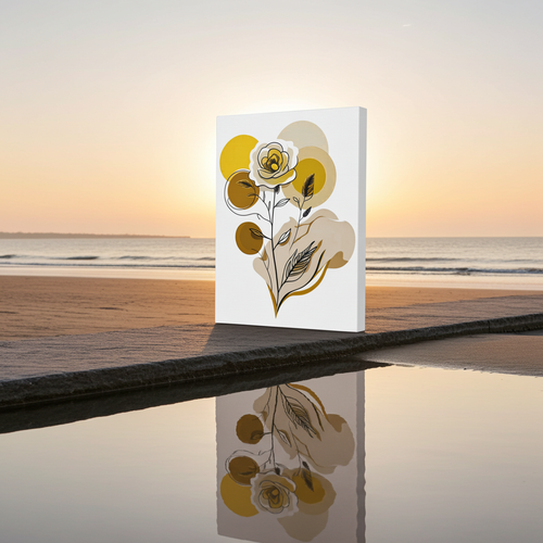 Floral artwork on a reflective surface with a beach and sunset in the background