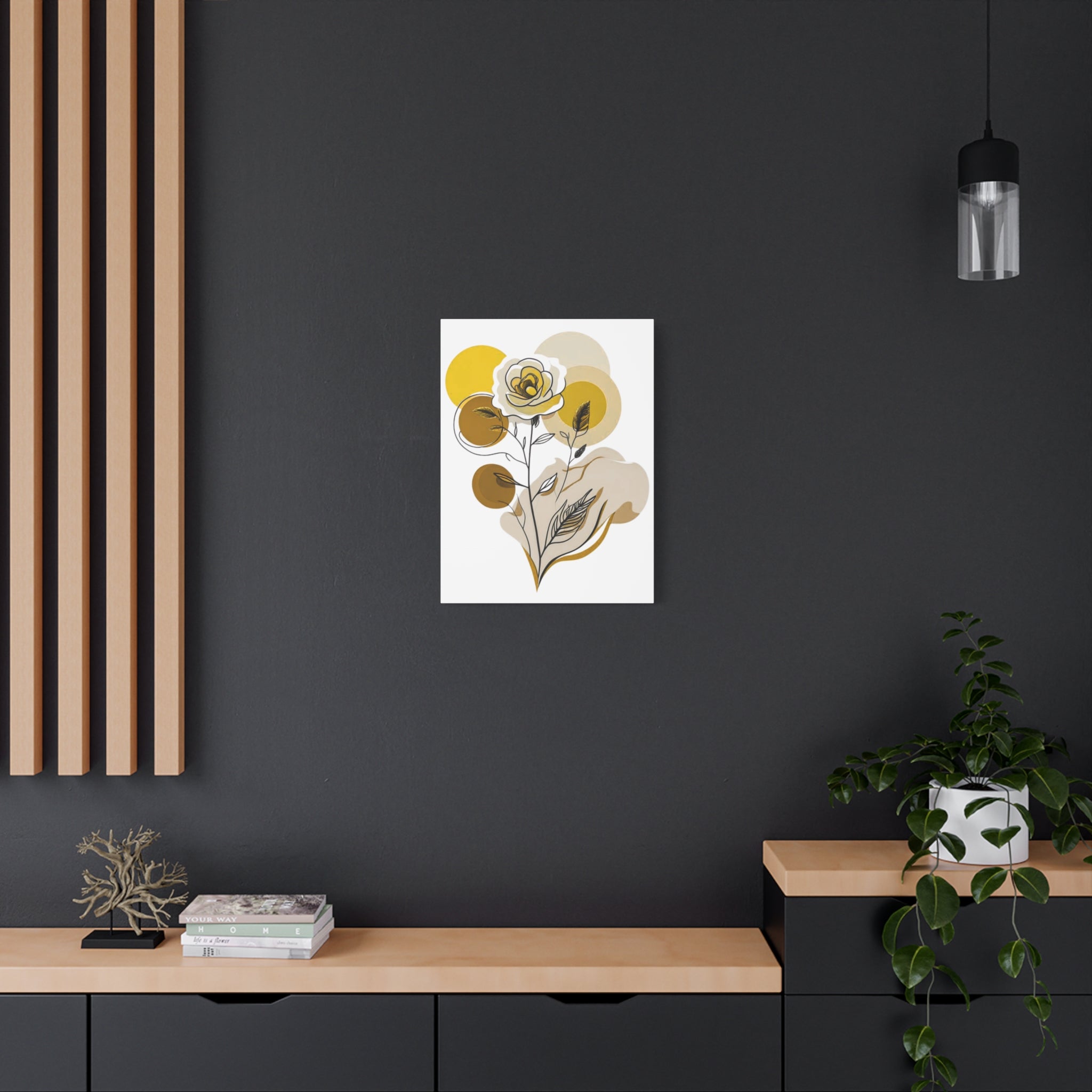 Framed floral artwork on a dark wall with wooden shelves and decor.
