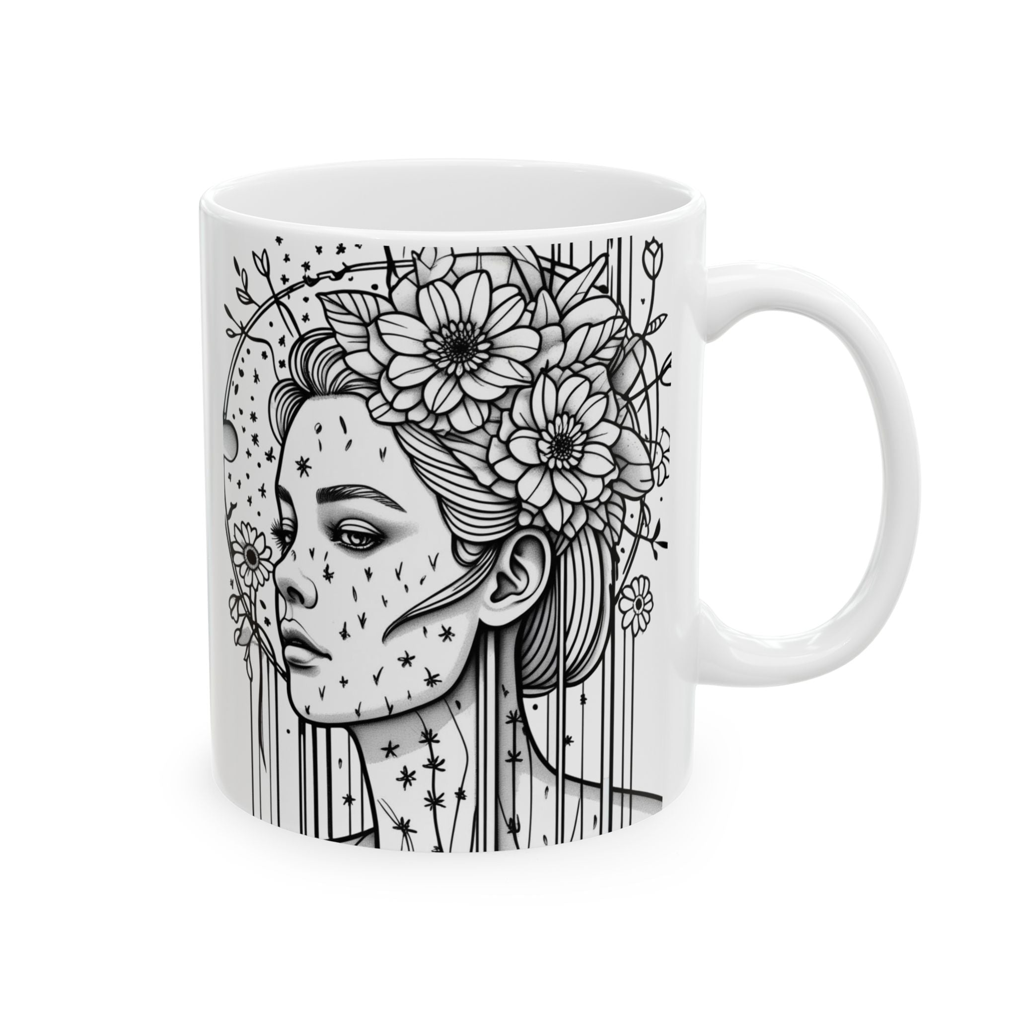 White mug with black and white illustration of a woman's face and floral hair on a white background