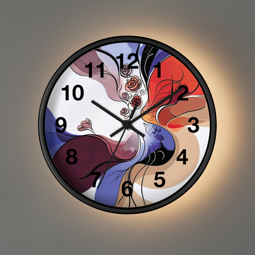 Decorative wall clock with colorful abstract design on a gray background