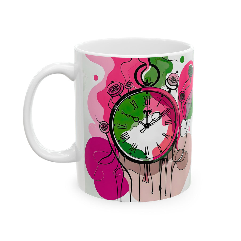 Mug with a colorful clock design on a white background