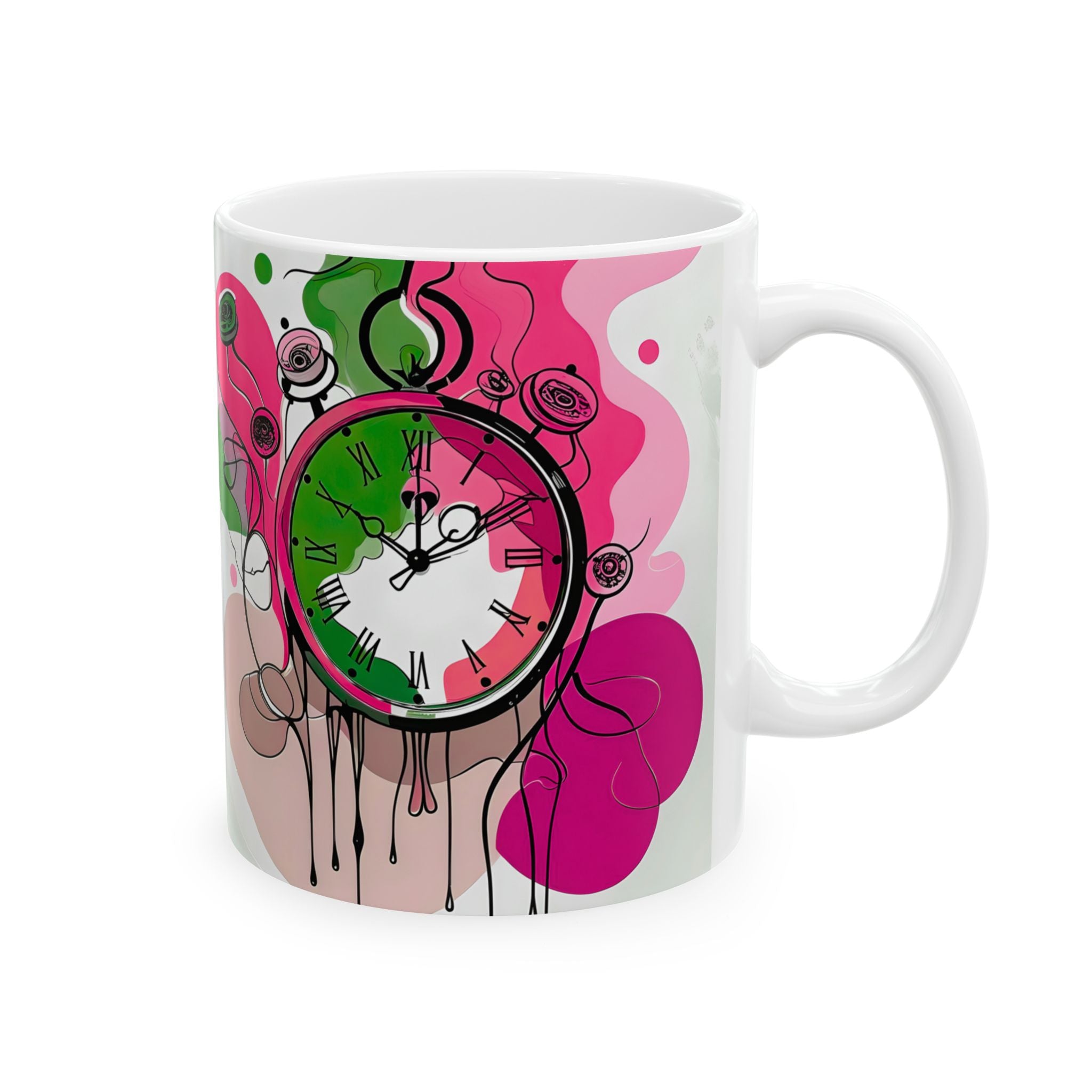 Mug with a colorful clock design on a white background