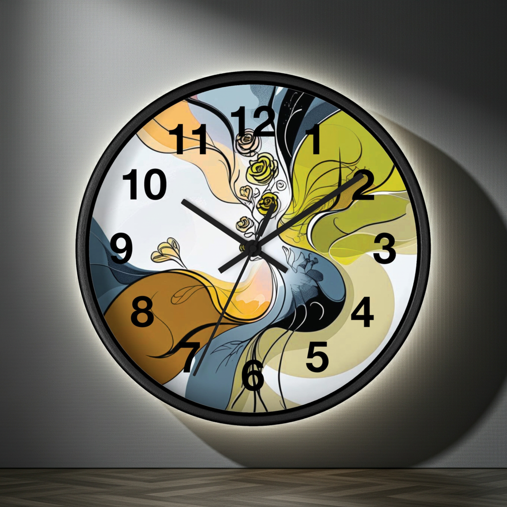 Decorative wall clock with floral design on a gray background