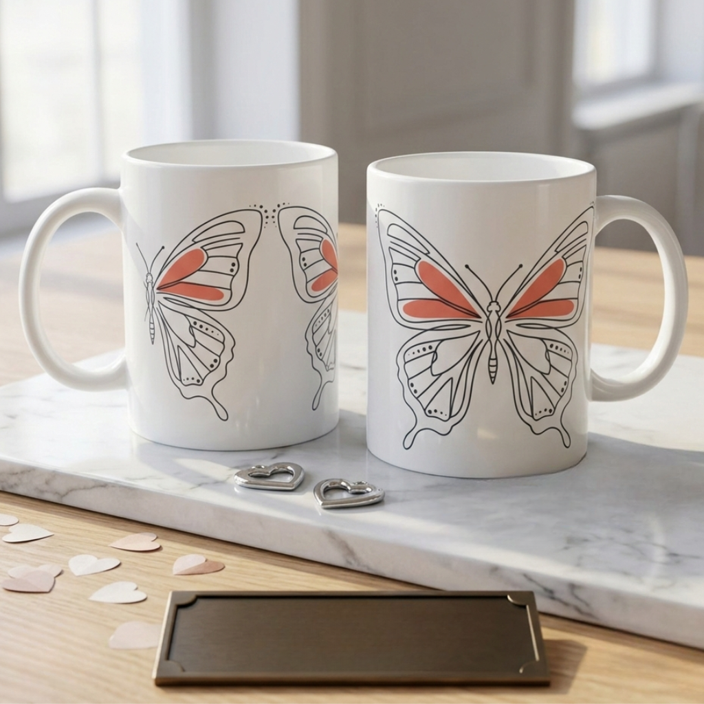 Two white mugs with butterfly designs on a marble surface.