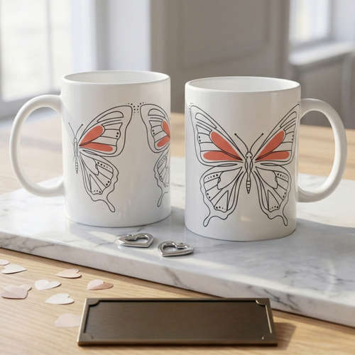 Two white mugs with butterfly designs on a marble surface.