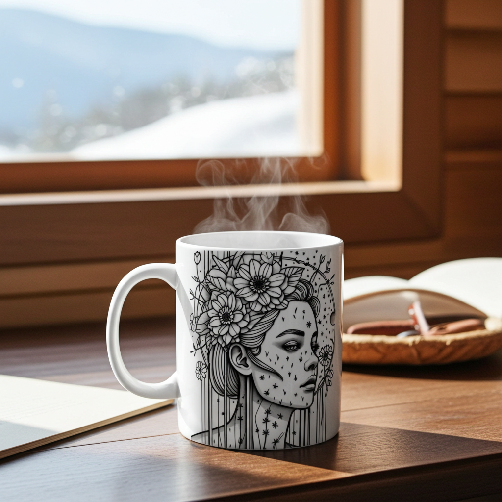 A white mug with a beautiful line art design of a face with flowers. The cup sits on a minimalist wooden table above a window that reflects sunlight. 