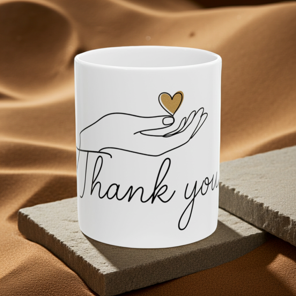 White mug with a hand holding a heart and 'Thank you' text on a brown fabric background