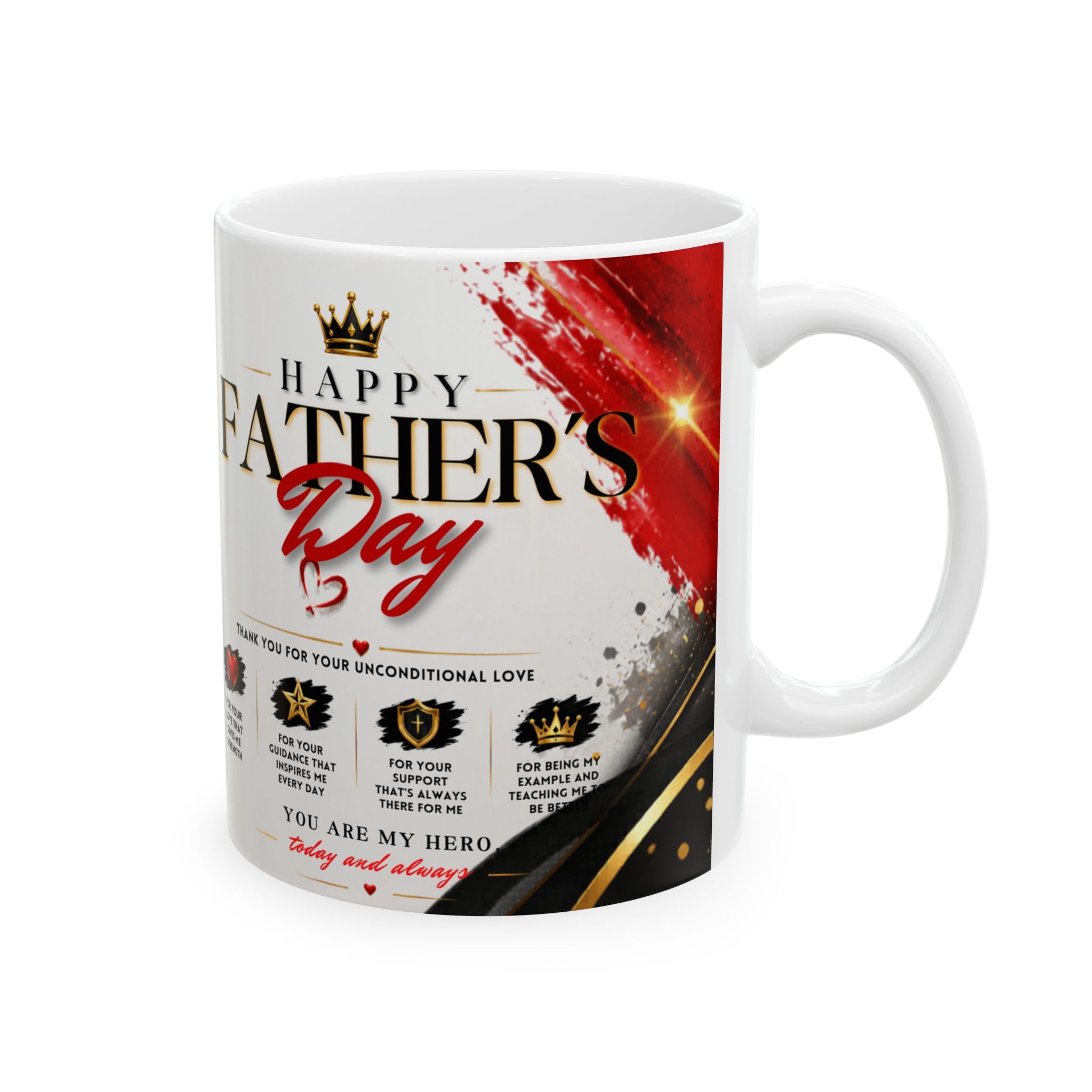 Father's Day mug with red and black design on a white background