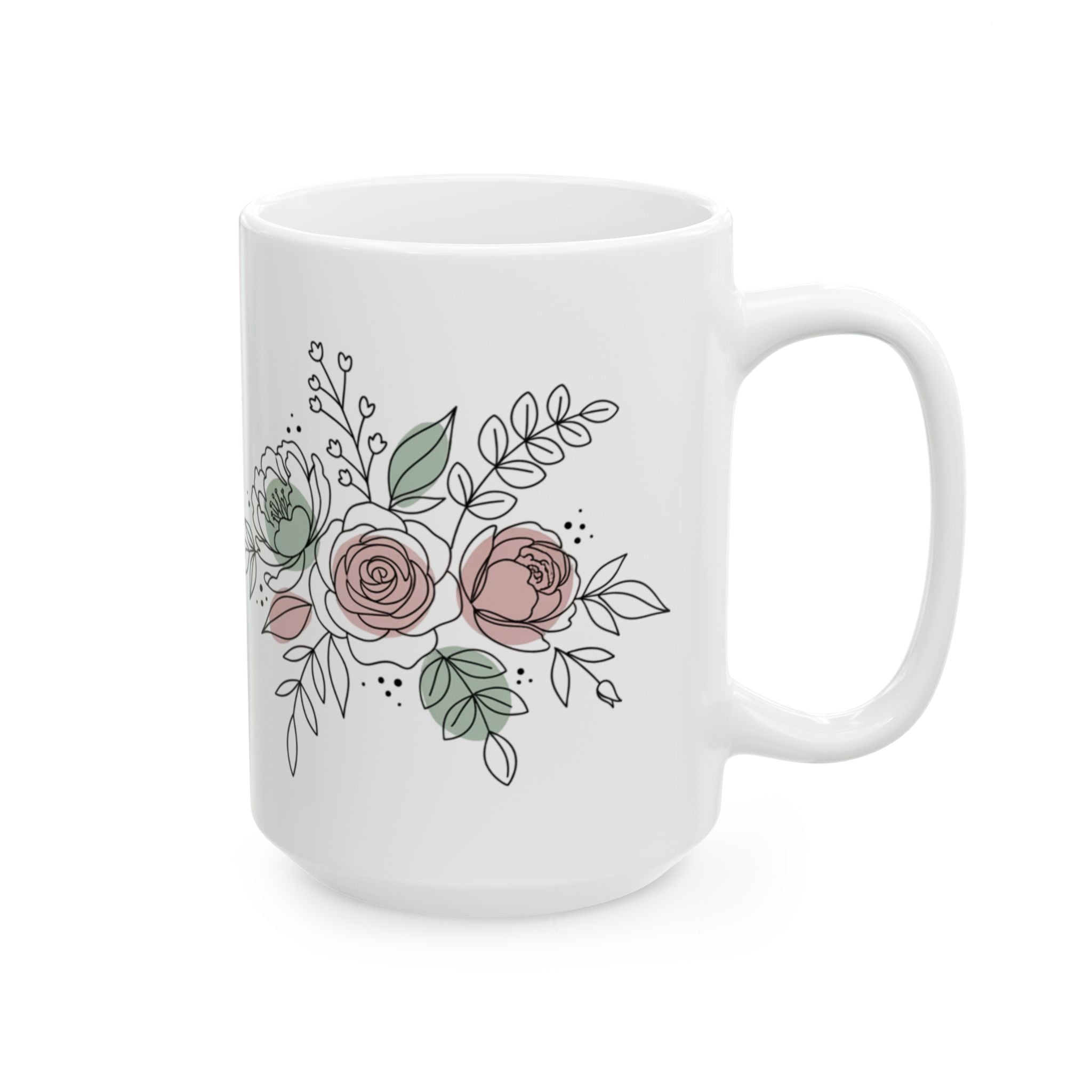 White mug with floral design on a white background
