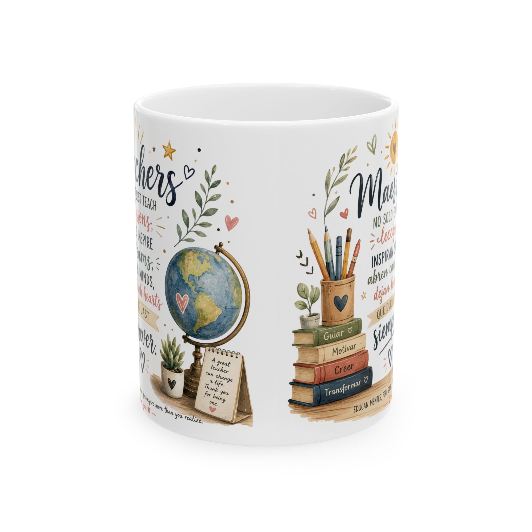 White mug with educational-themed design featuring books, globe, and text on a white background