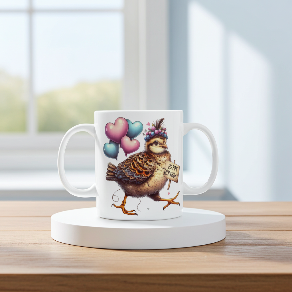 Mug with a design of a bird holding heart balloons and a 'Happy Birthday' sign on a wooden surface.