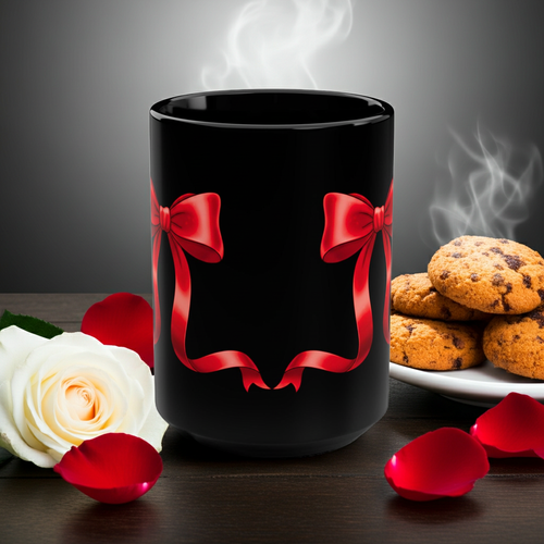 Black mug with red bows, white rose, and cookies on a dark background