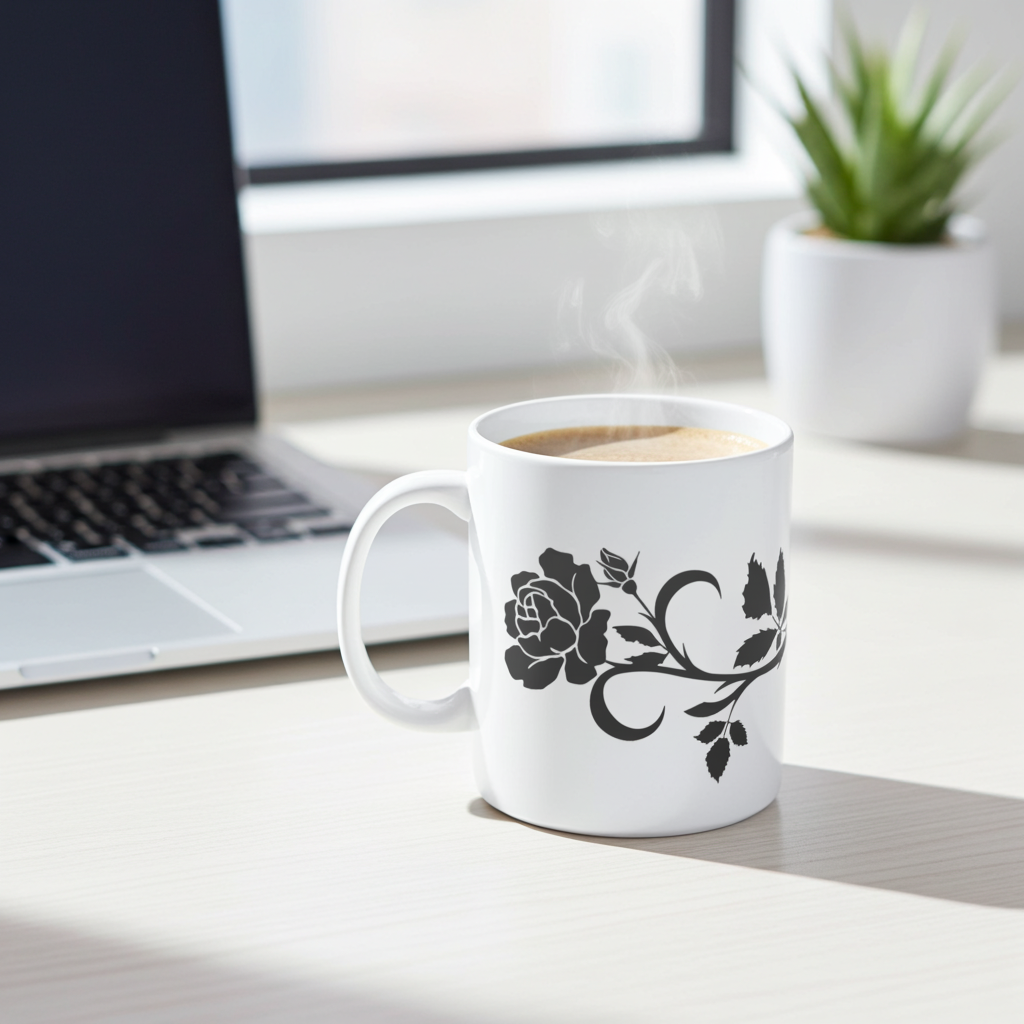 White mug with black floral design on a desk with a laptop and plant in the background