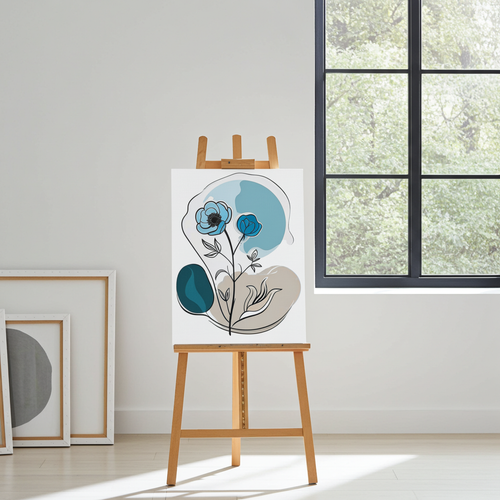 Artistic floral design on a canvas with an easel in a room with a window.