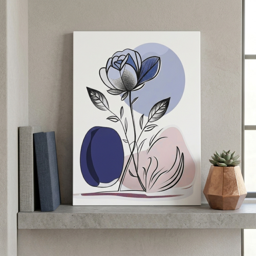 Framed floral artwork on a shelf with books and a plant