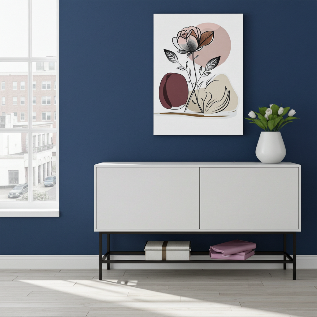 White cabinet against a blue wall with a floral painting and vase.