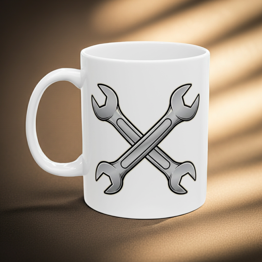 White mug with crossed wrenches design on a brown background