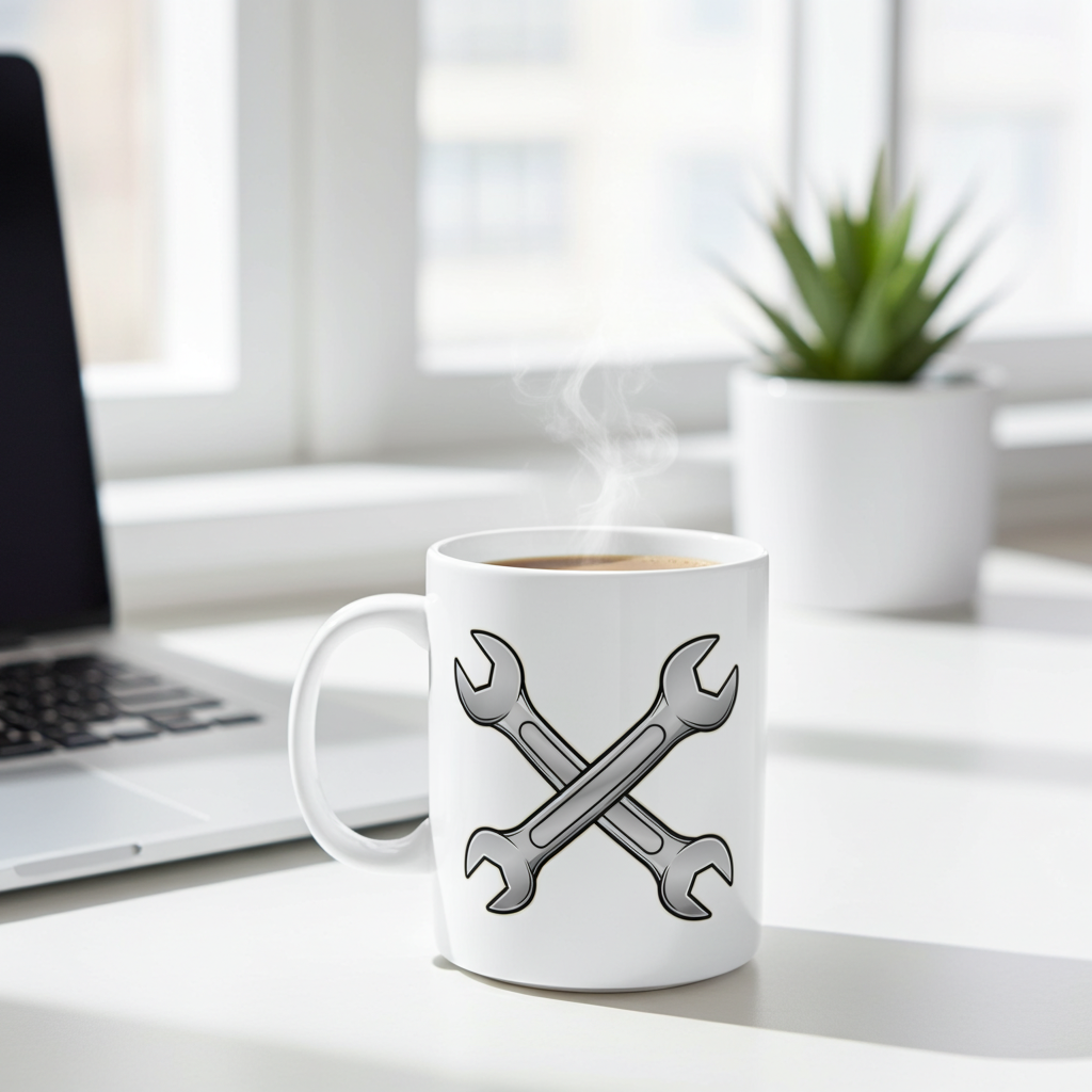 White mug with crossed wrenches on a desk with a laptop and plant in the background