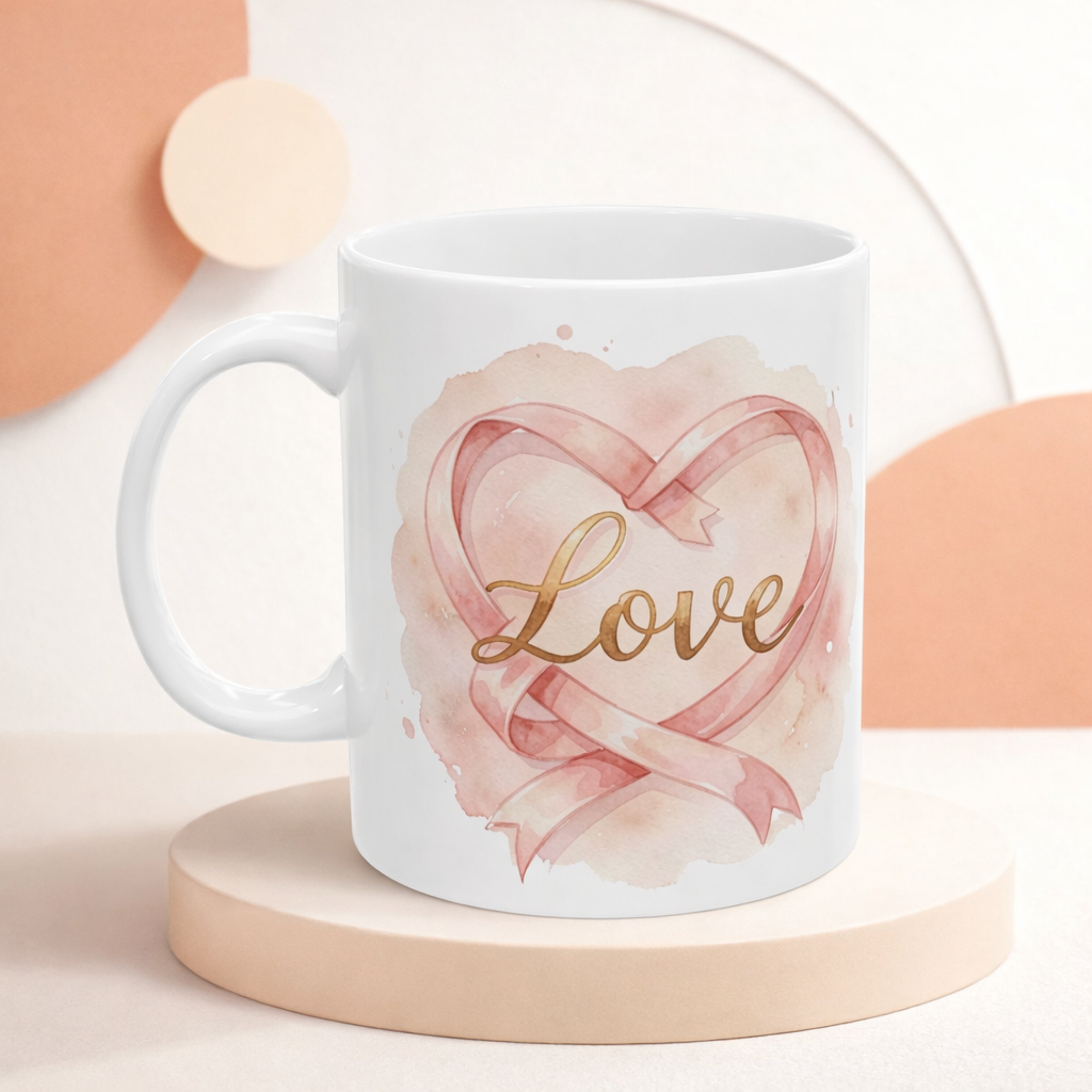 White mug with pink heart design and 'Love' text on a peach-colored background