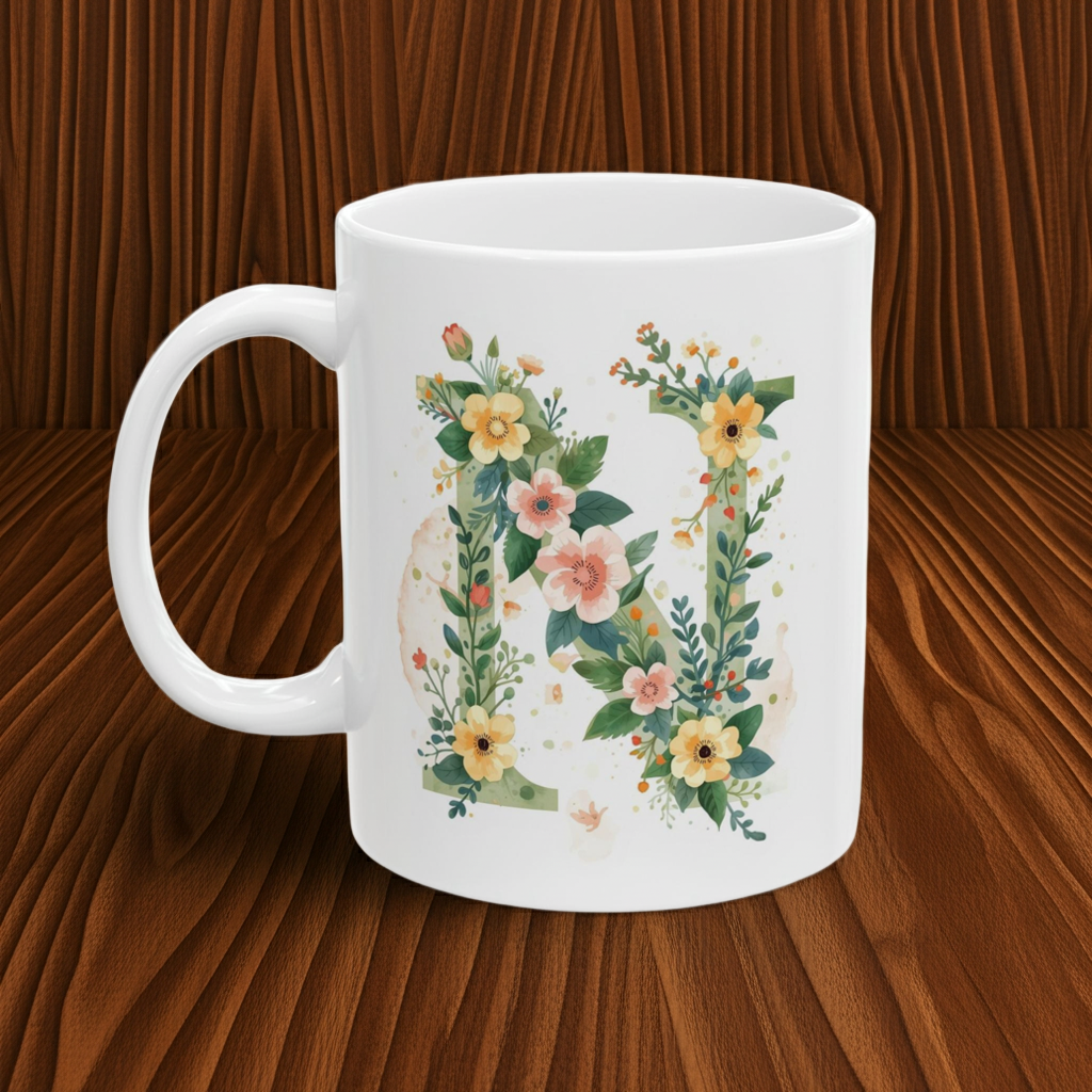 White mug with floral letter N design on a wooden surface